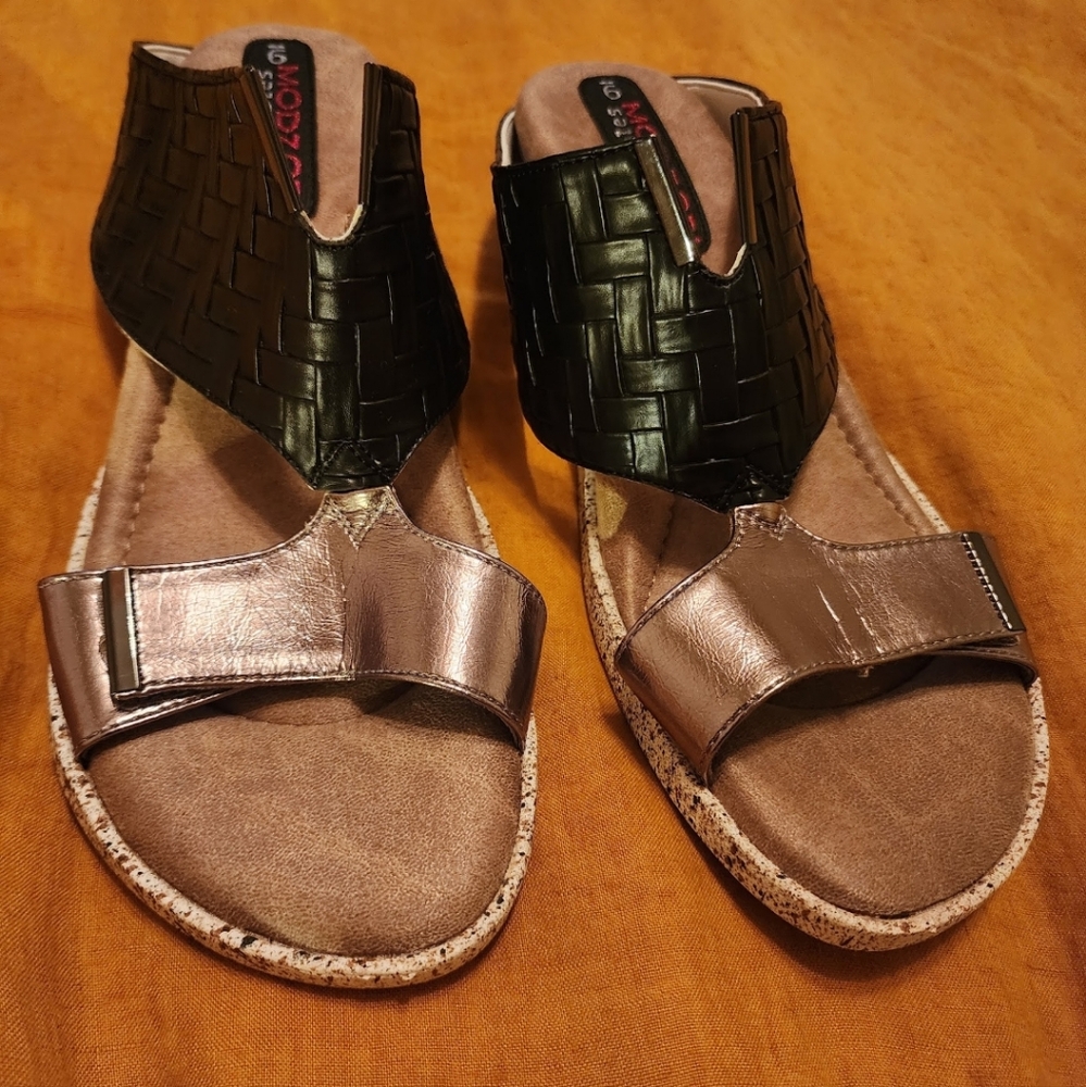 White, Black, And Bronze Reversible Vegan Sandals